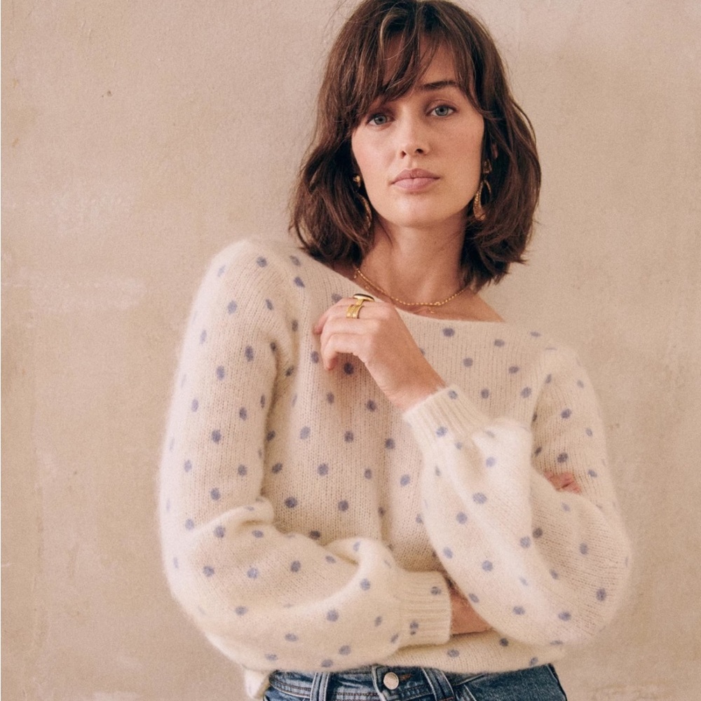 Sezane Cream and Blue Polka Dot Sweater